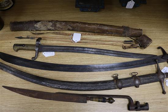 A Scimitar, a 1796 pattern sabre, bayonets, etc